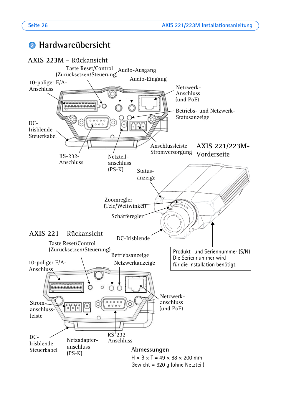 Hardwareübersicht, Abmessungen, E seite 26 | Axis Communications 223M User Manual | Page 26 / 61