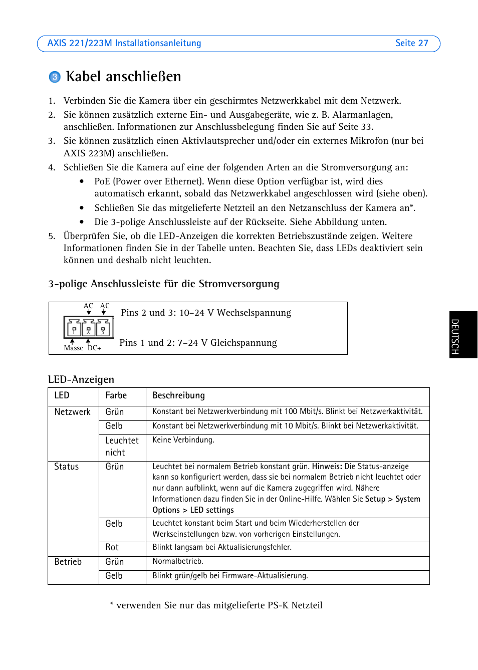 Kabel anschließen, Polige anschlussleiste für die stromversorgung, Led-anzeigen | E seite 27 | Axis Communications 223M User Manual | Page 27 / 61