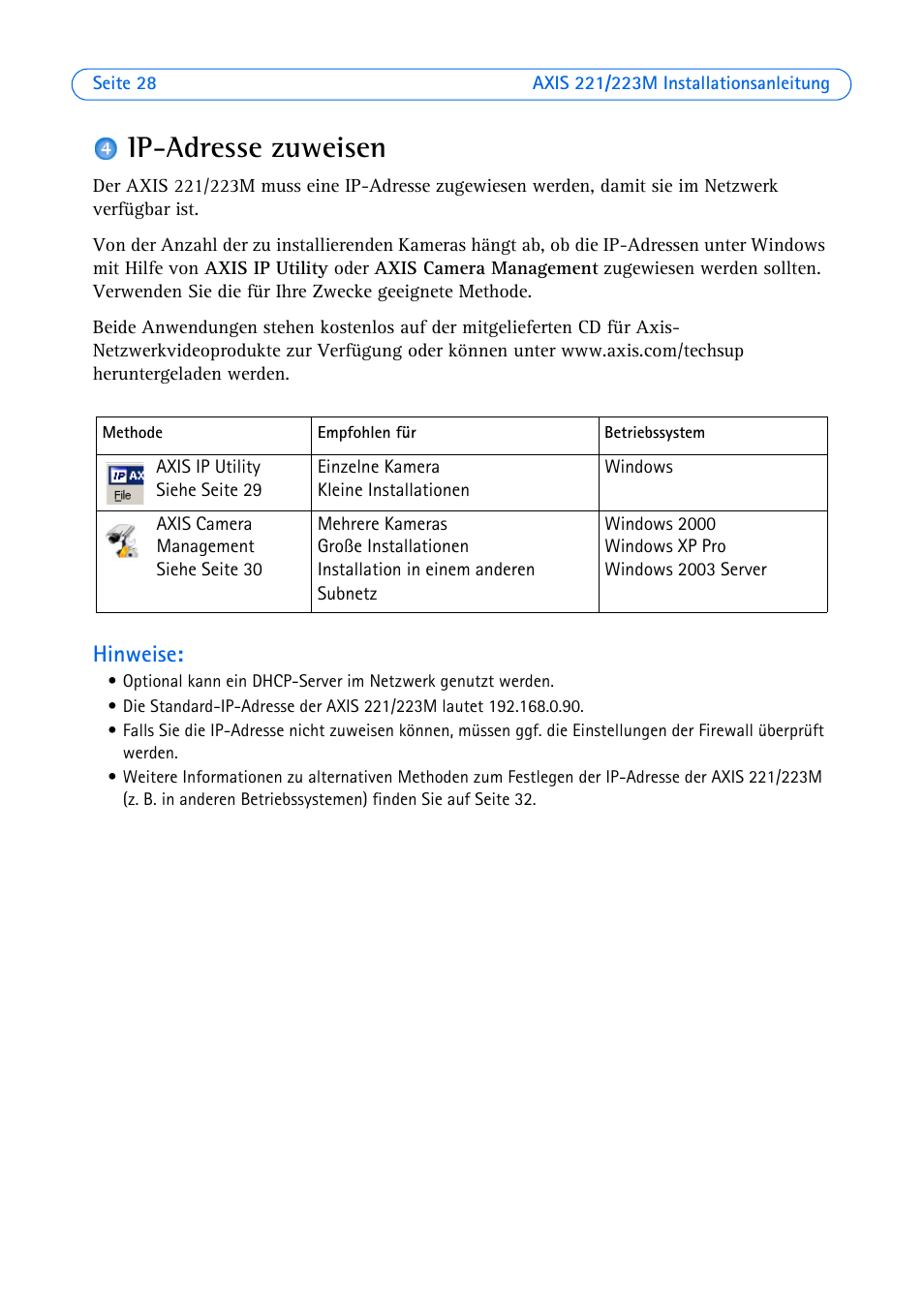 Ip-adresse zuweisen, E seite 28, Hinweise | Axis Communications 223M User Manual | Page 28 / 61