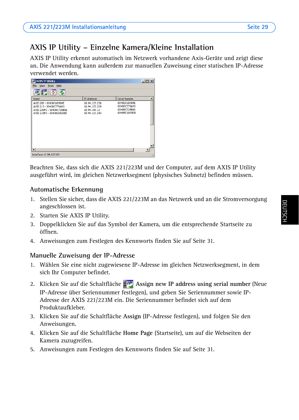Automatische erkennung, Manuelle zuweisung der ip-adresse | Axis Communications 223M User Manual | Page 29 / 61