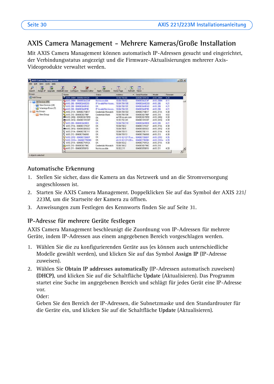 Automatische erkennung, Ip-adresse für mehrere geräte festlegen | Axis Communications 223M User Manual | Page 30 / 61