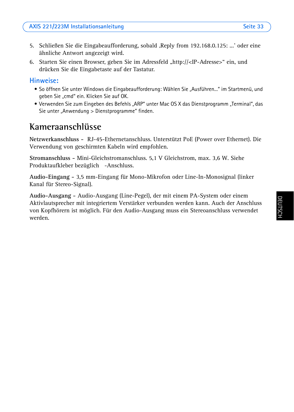 Kameraanschlüsse | Axis Communications 223M User Manual | Page 33 / 61
