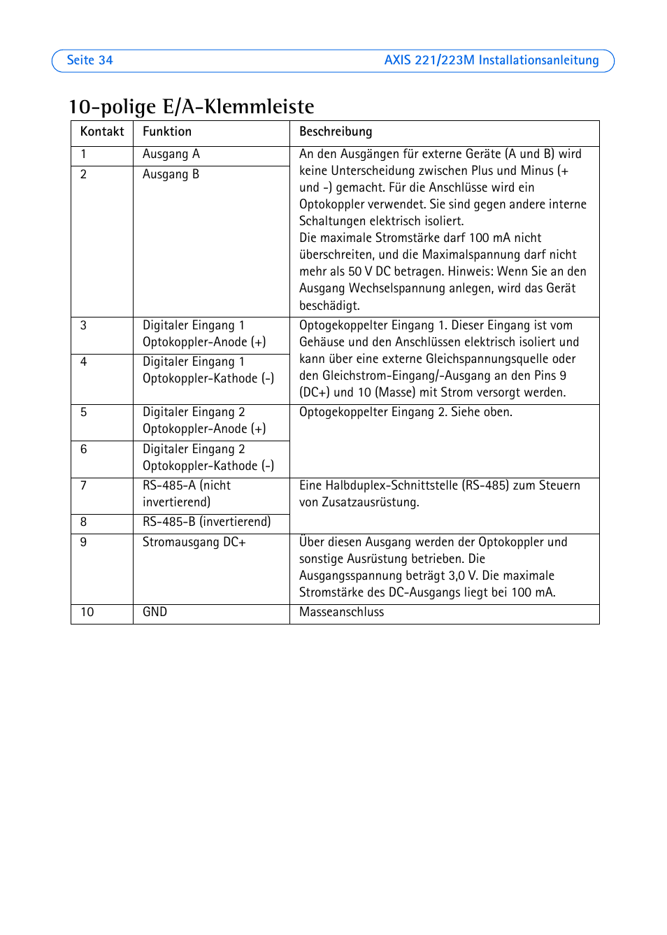 Polige e/a-klemmleiste | Axis Communications 223M User Manual | Page 34 / 61