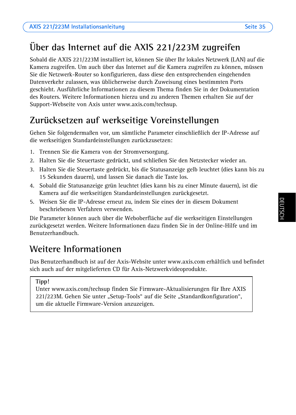Über das internet auf die axis 221/223m zugreifen, Zurücksetzen auf werkseitige voreinstellungen, Weitere informationen | Axis Communications 223M User Manual | Page 35 / 61