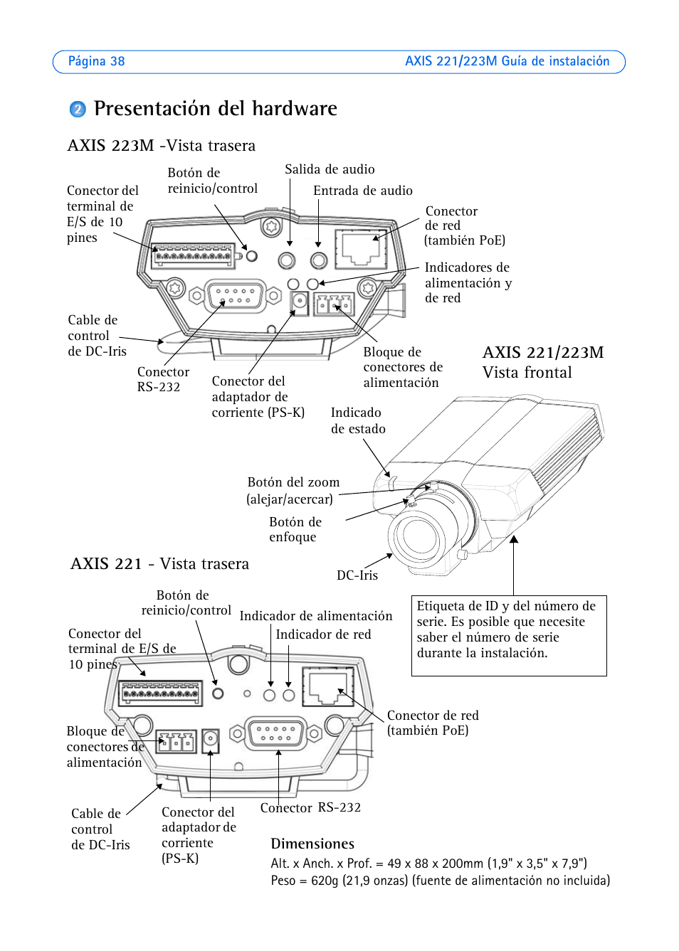 Presentación del hardware, Dimensiones | Axis Communications 223M User Manual | Page 38 / 61