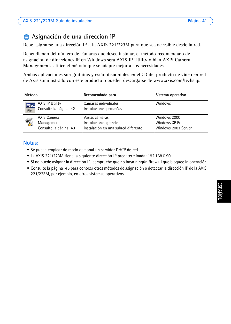 Asignación de una dirección ip, Notas | Axis Communications 223M User Manual | Page 41 / 61