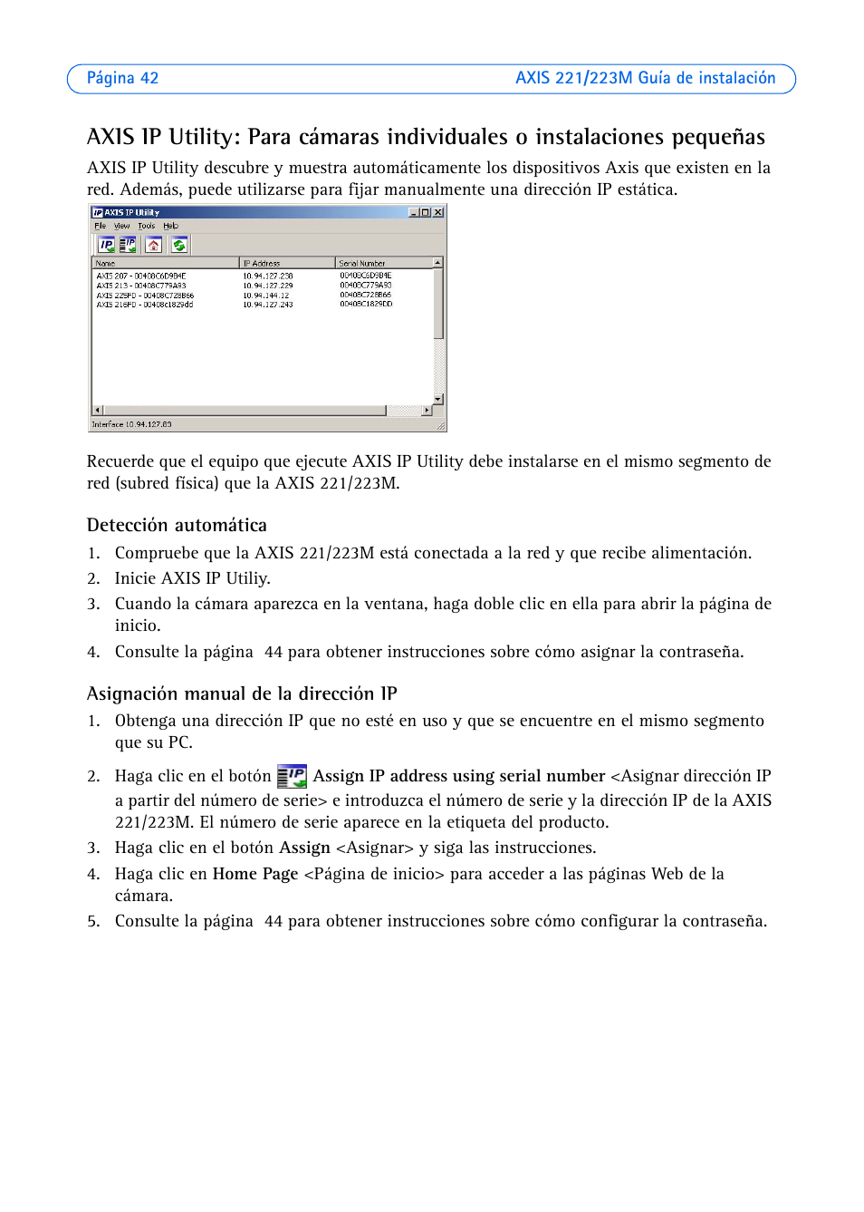 Detección automática, Asignación manual de la dirección ip | Axis Communications 223M User Manual | Page 42 / 61