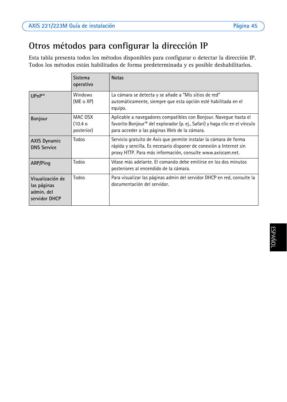 Otros métodos para configurar la dirección ip | Axis Communications 223M User Manual | Page 45 / 61