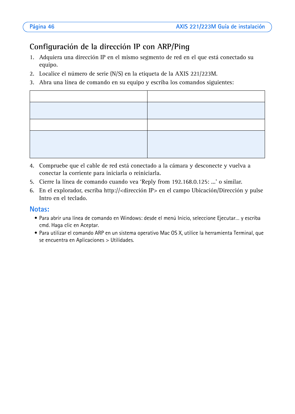 Configuración de la dirección ip con arp/ping, Notas | Axis Communications 223M User Manual | Page 46 / 61