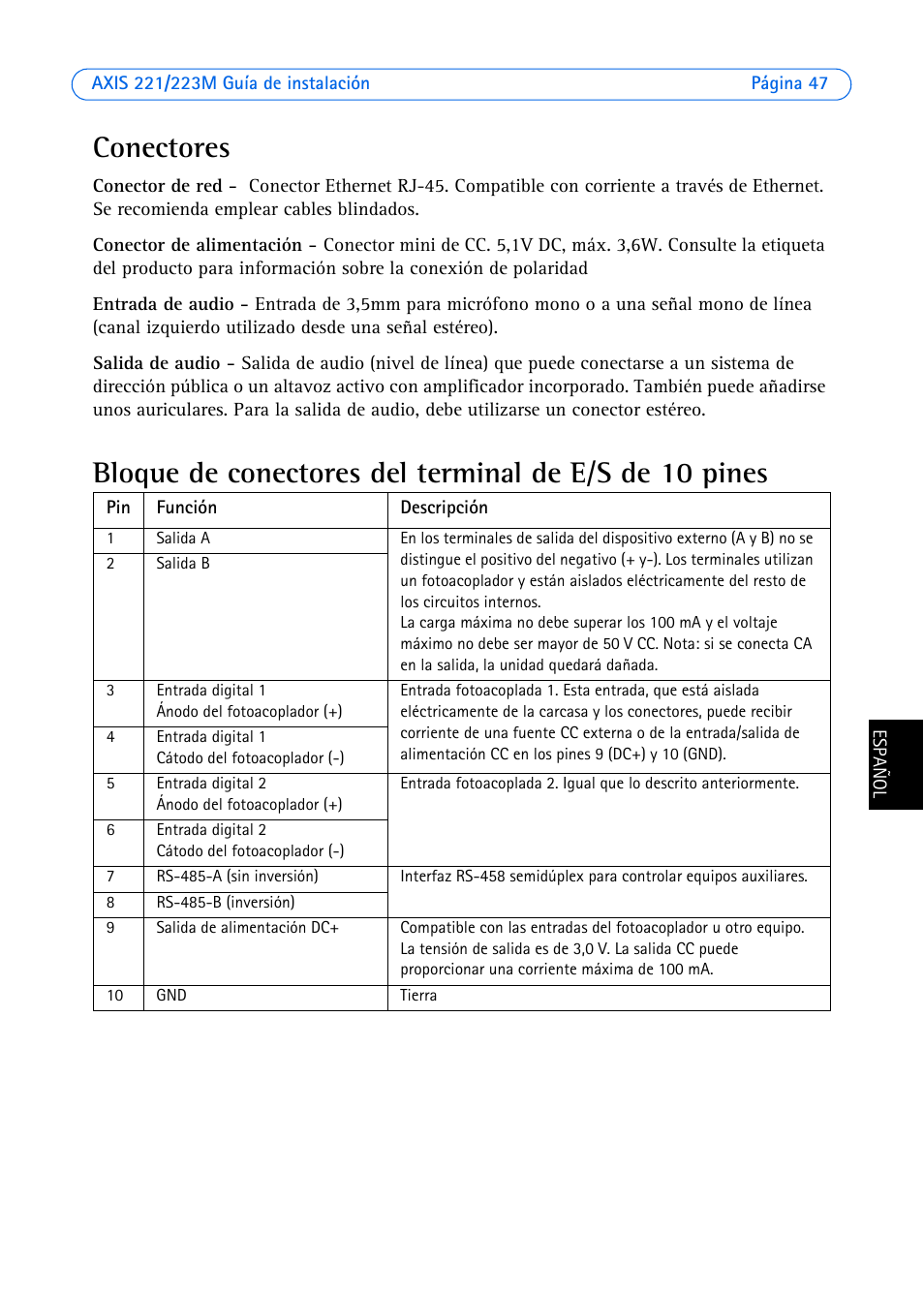 Conectores | Axis Communications 223M User Manual | Page 47 / 61