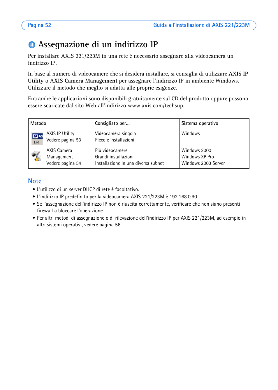 Assegnazione di un indirizzo ip | Axis Communications 223M User Manual | Page 52 / 61