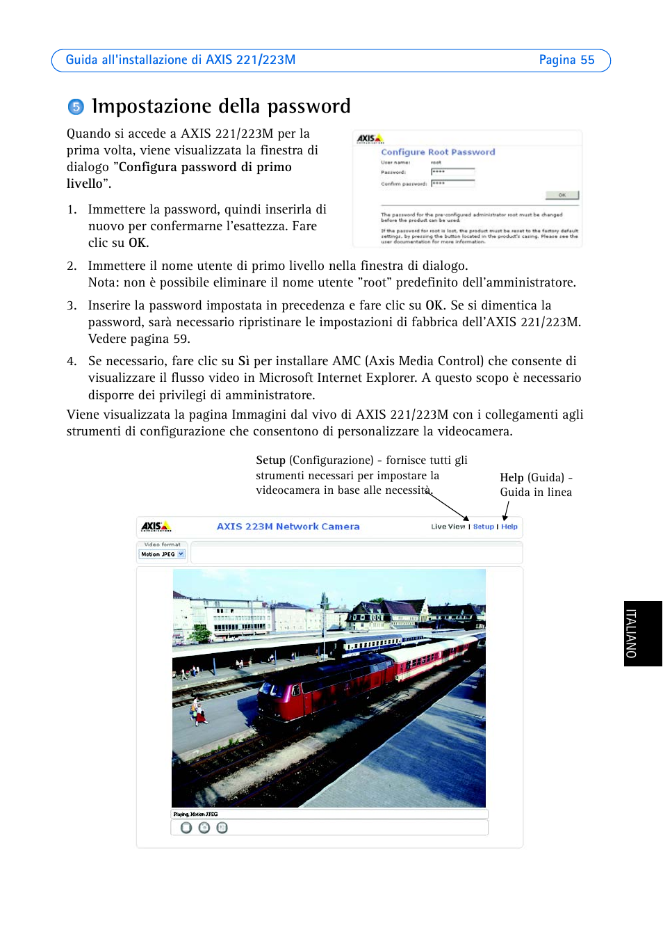 Impostazione della password | Axis Communications 223M User Manual | Page 55 / 61