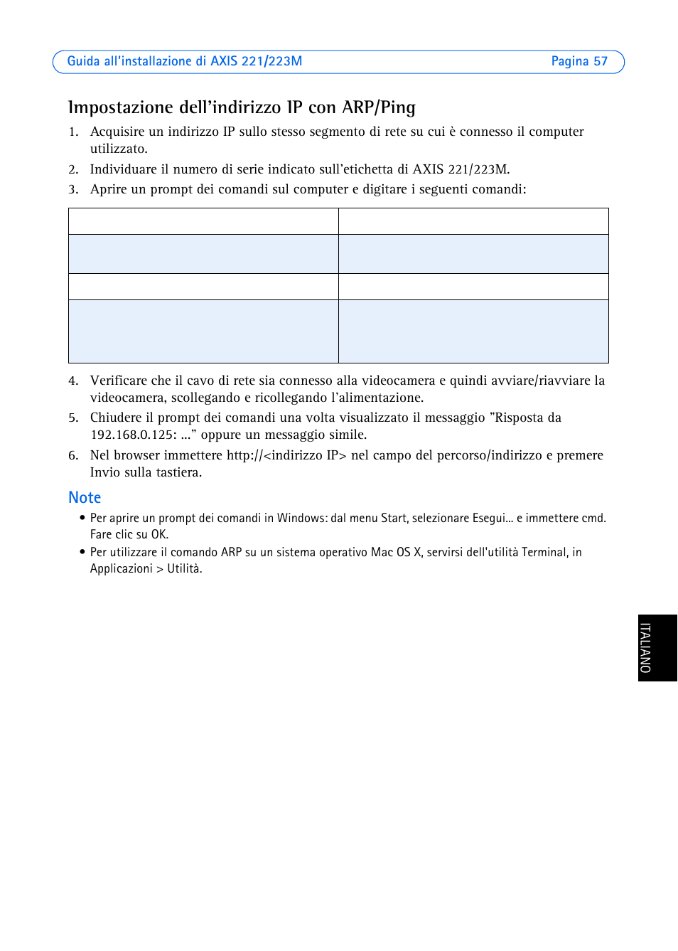 Impostazione dell'indirizzo ip con arp/ping | Axis Communications 223M User Manual | Page 57 / 61