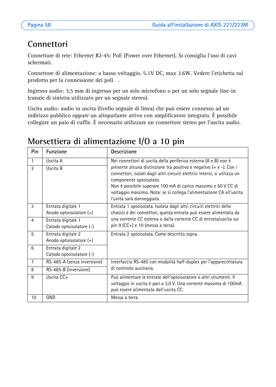 Connettori, Morsettiera di alimentazione i/o a 10 pin | Axis Communications 223M User Manual | Page 58 / 61