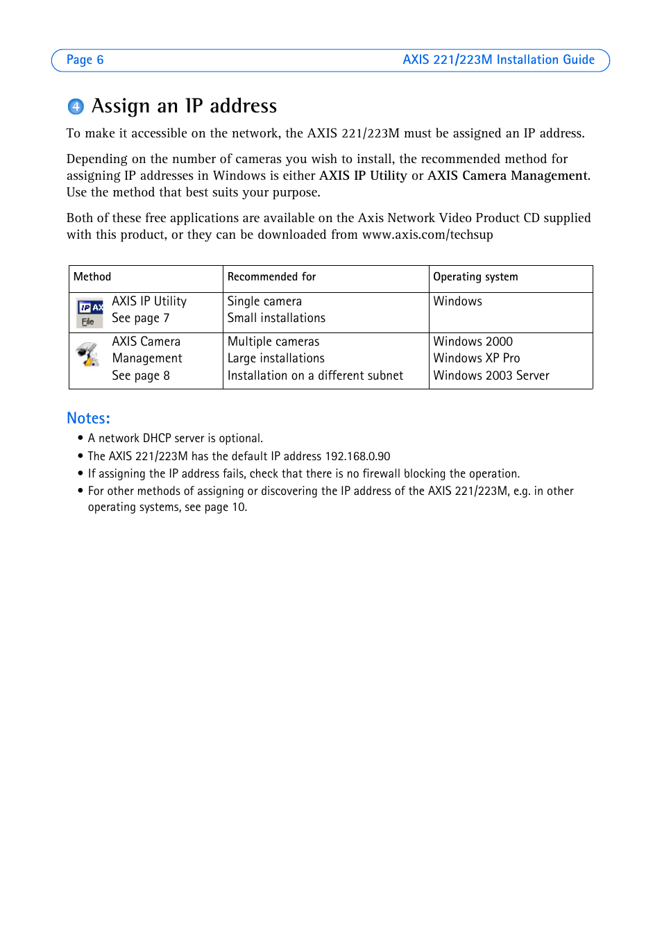 Assign an ip address | Axis Communications 223M User Manual | Page 6 / 61