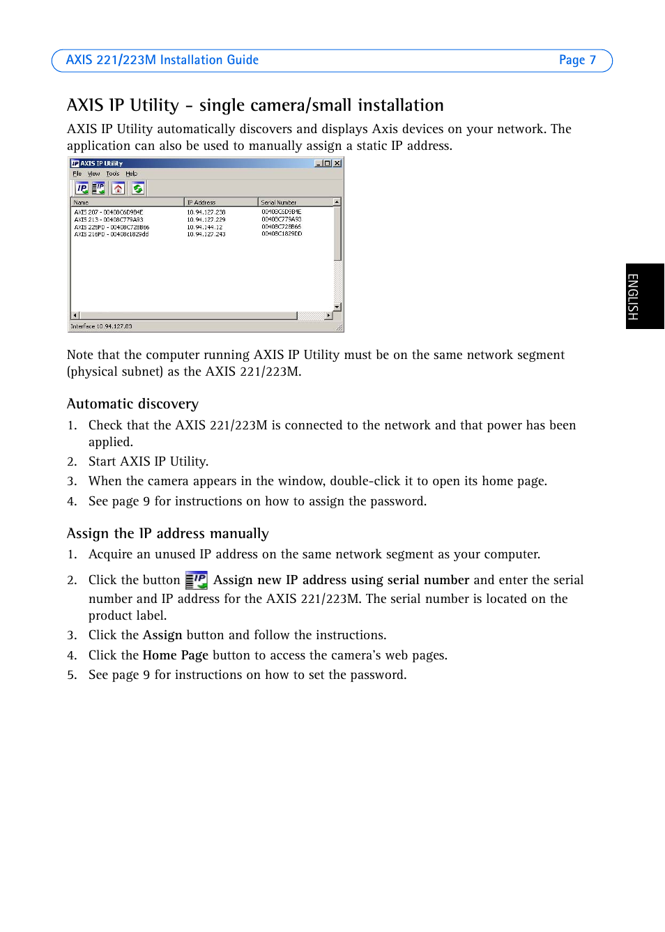 Automatic discovery, Assign the ip address manually, Axis ip utility - single camera/small installation | Axis Communications 223M User Manual | Page 7 / 61