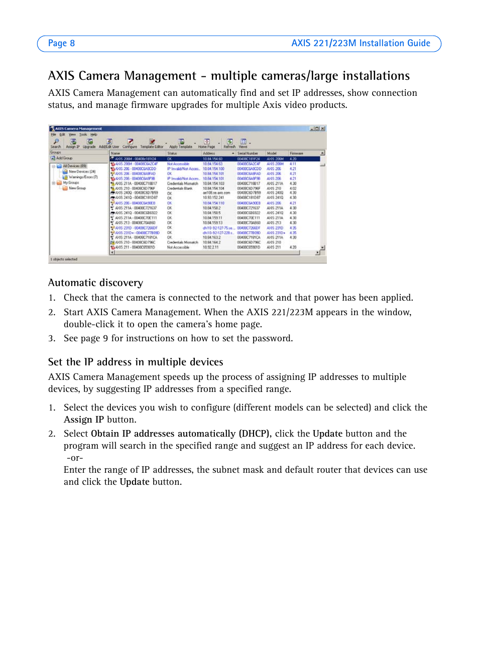 Automatic discovery, Set the ip address in multiple devices | Axis Communications 223M User Manual | Page 8 / 61