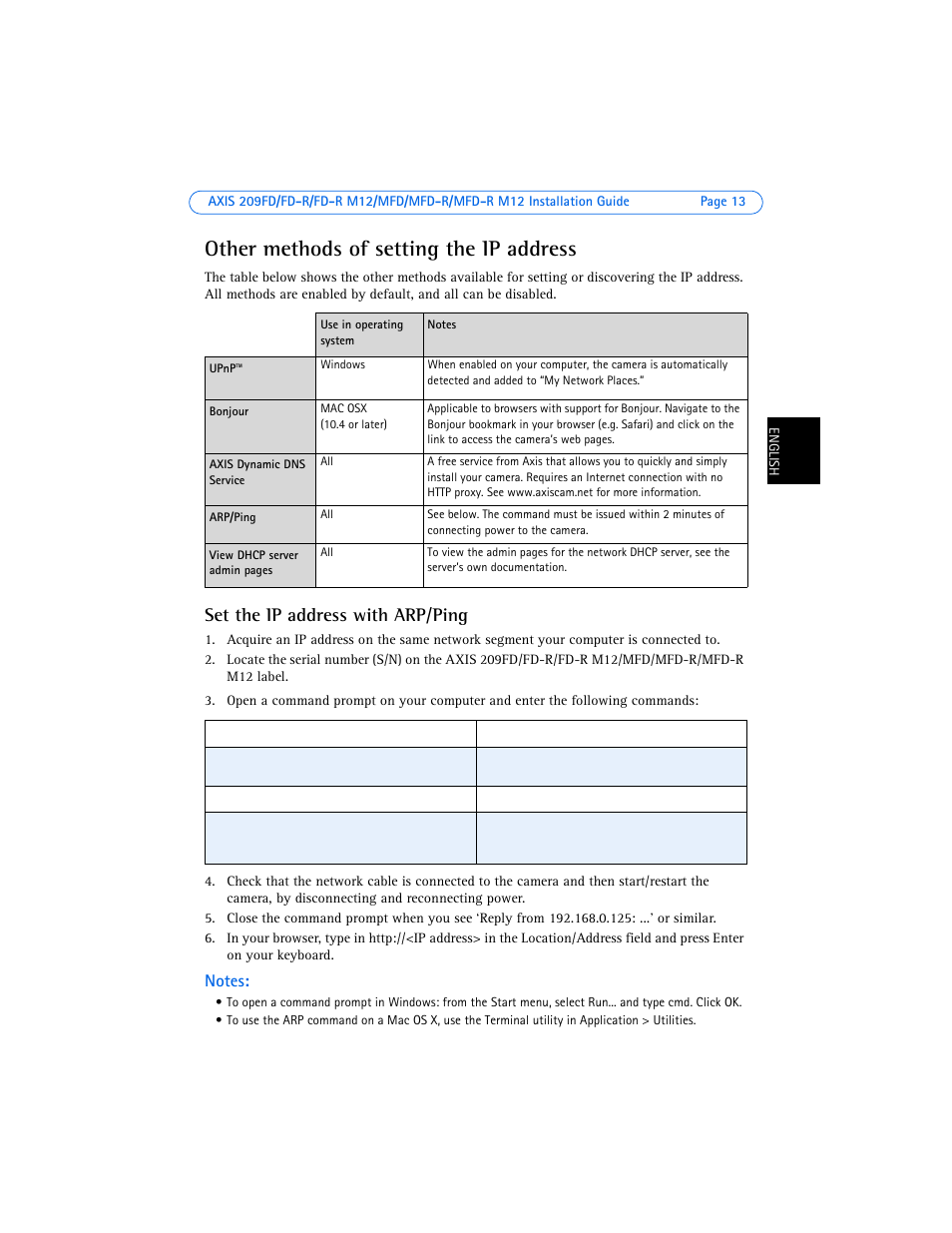 Other methods of setting the ip address, Set the ip address with arp/ping | Axis Communications 209FD User Manual | Page 13 / 73