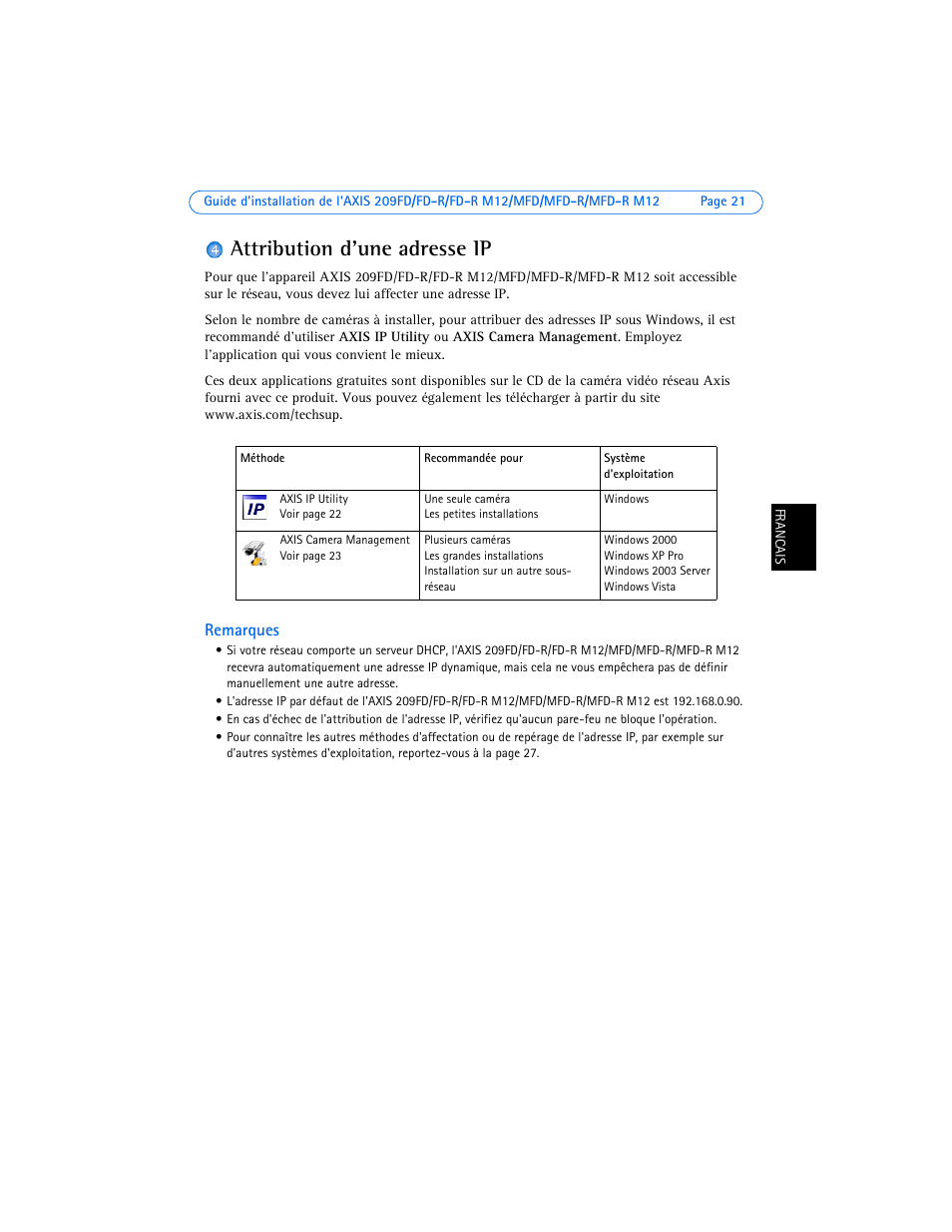 Attribution d'une adresse ip, Remarques | Axis Communications 209FD User Manual | Page 21 / 73