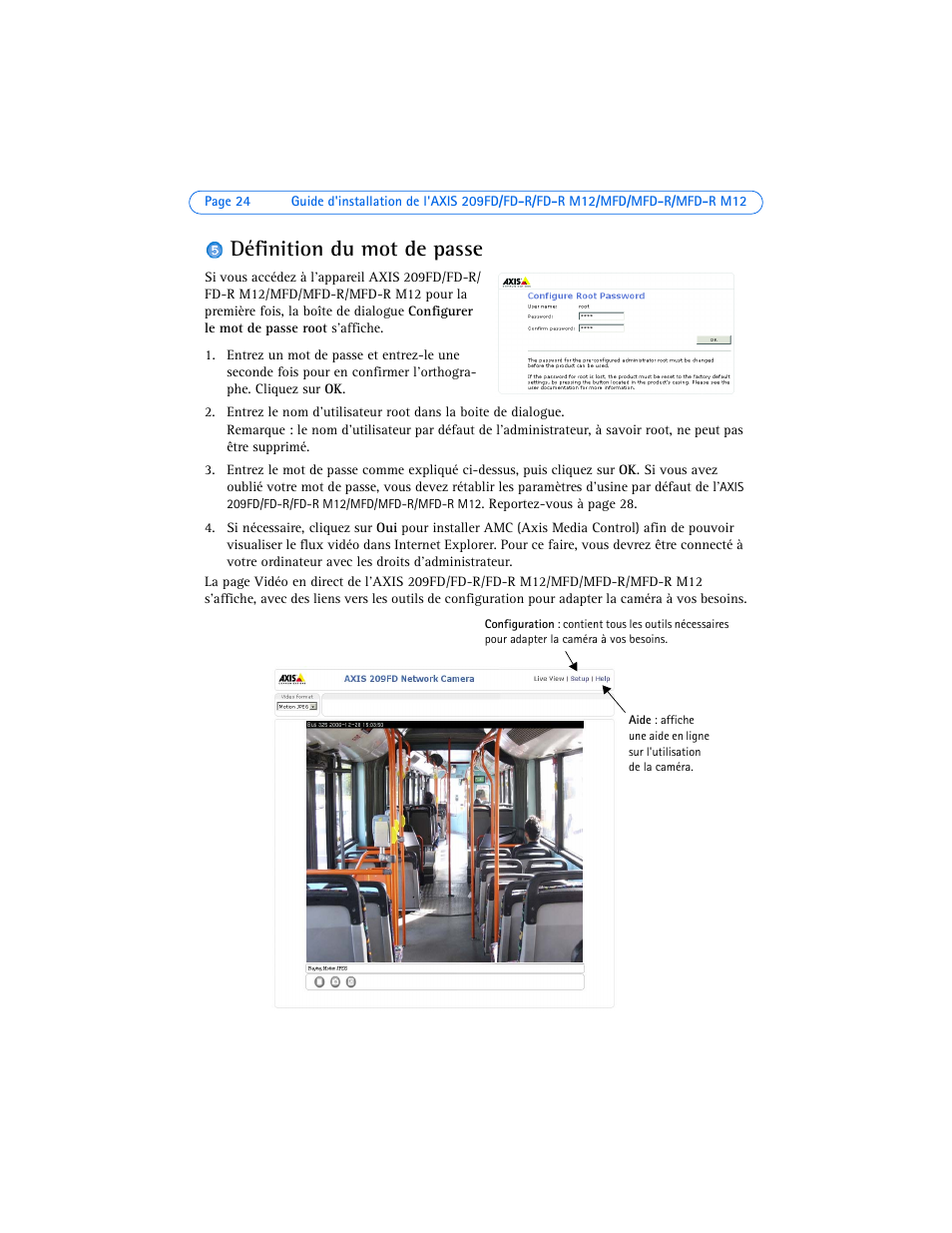 Définition du mot de passe | Axis Communications 209FD User Manual | Page 24 / 73