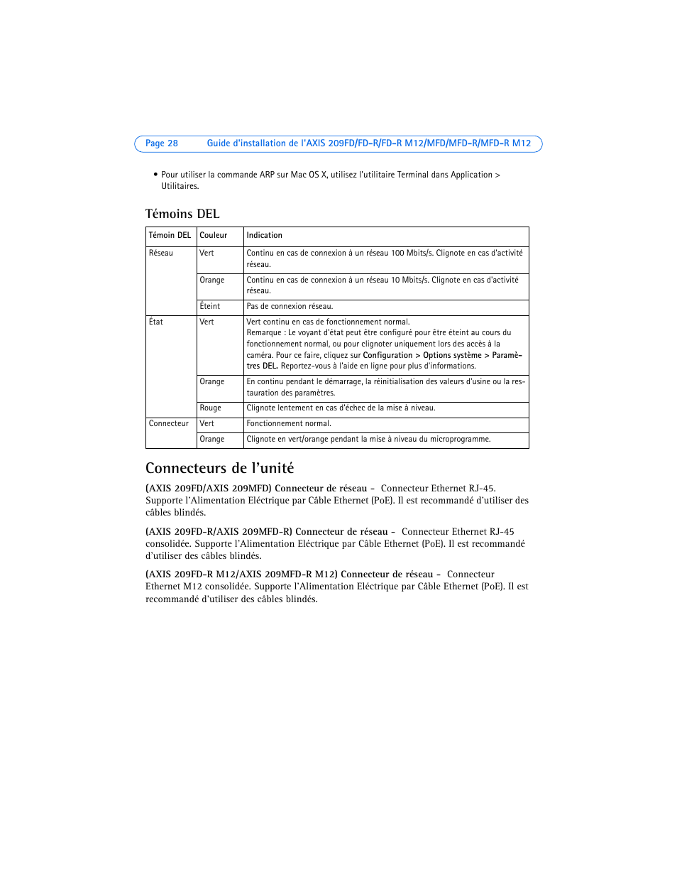 Témoins del, Connecteurs de l'unité | Axis Communications 209FD User Manual | Page 28 / 73