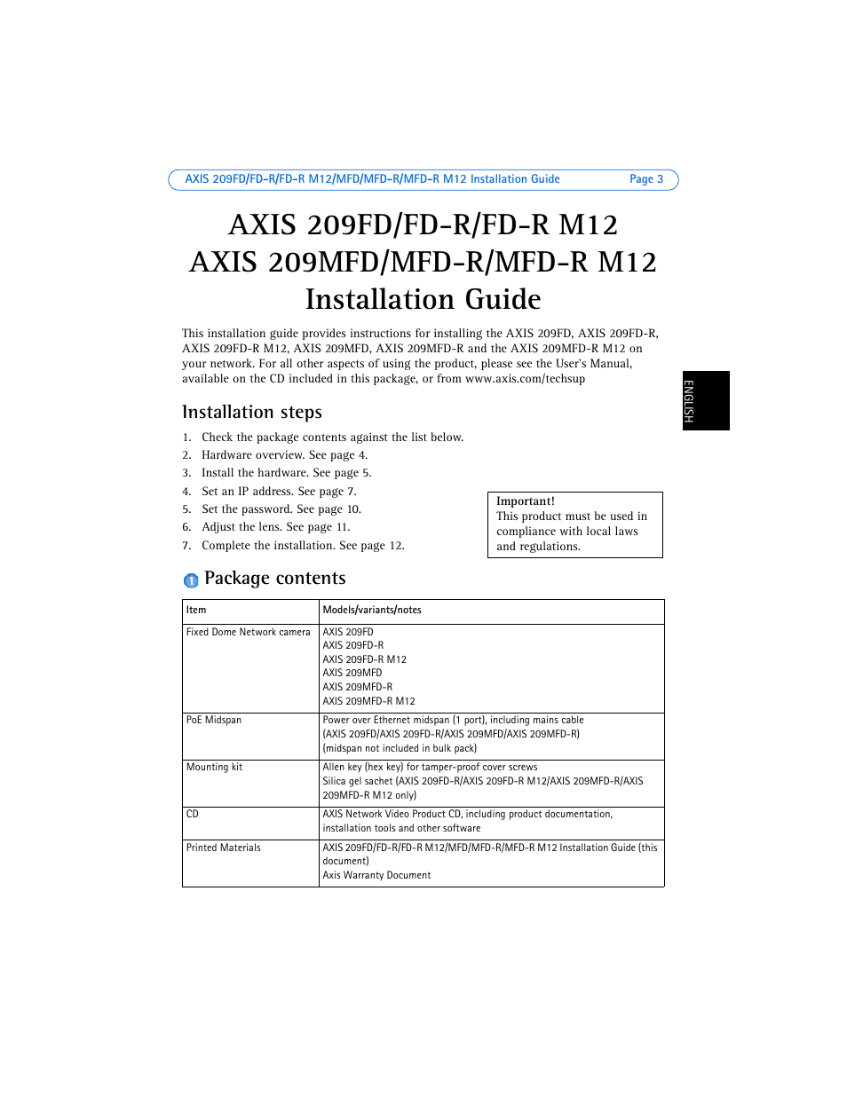 Installation steps, Package contents | Axis Communications 209FD User Manual | Page 3 / 73