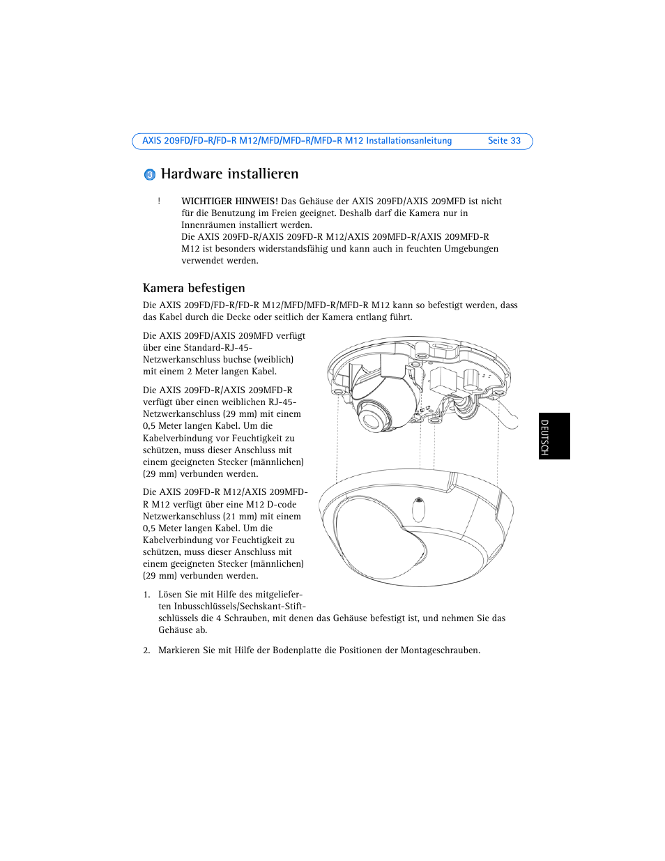 Hardware installieren, Kamera befestigen, Seite 33) | Axis Communications 209FD User Manual | Page 33 / 73