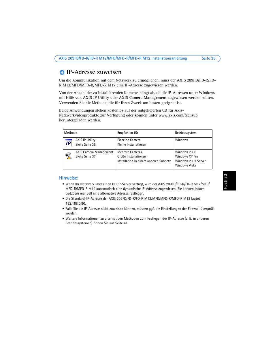 Ip-adresse zuweisen, Seite 35), 4 auf seite 35) | Hinweise | Axis Communications 209FD User Manual | Page 35 / 73