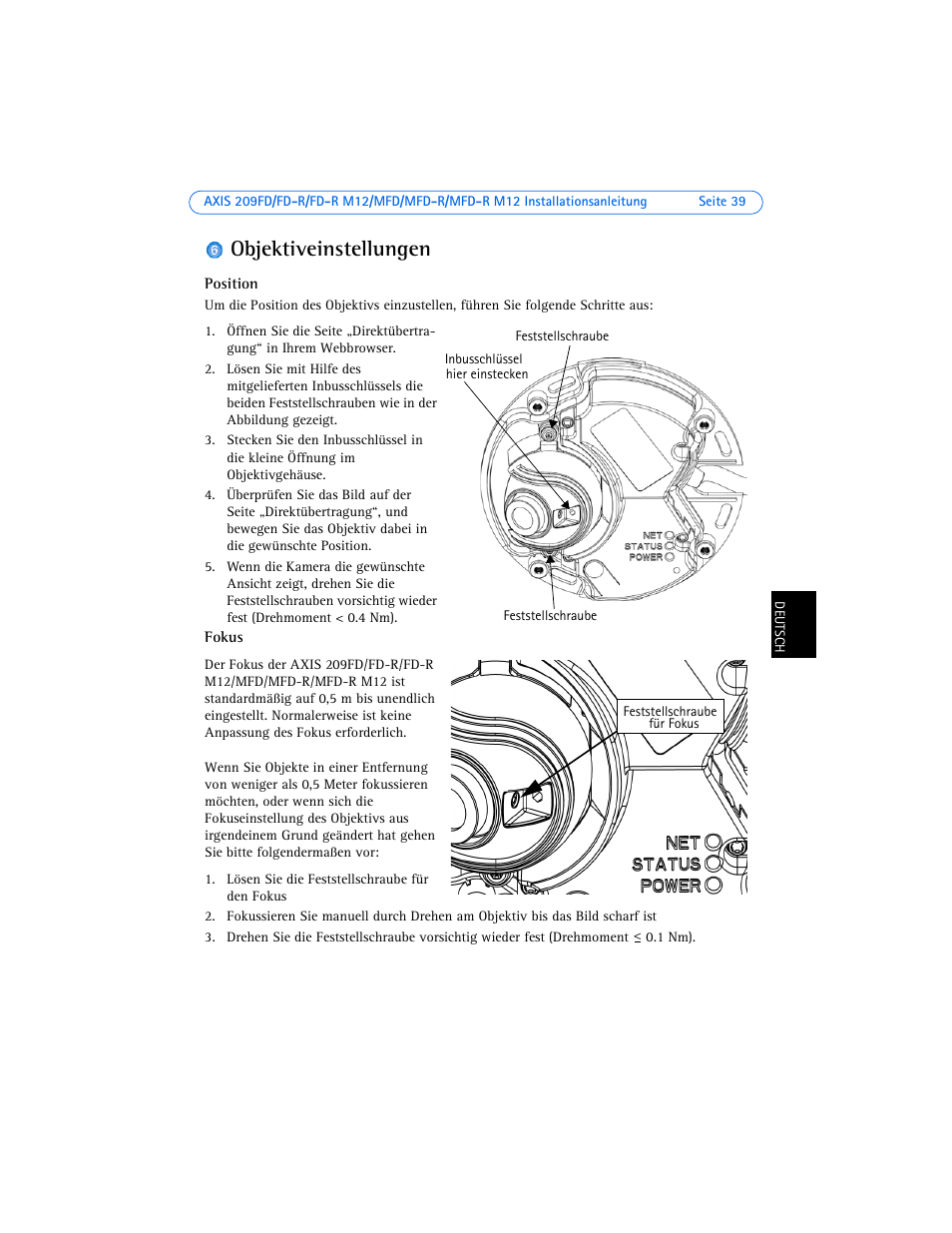 Objektiveinstellungen, He seite 39), Seite 39) | Axis Communications 209FD User Manual | Page 39 / 73