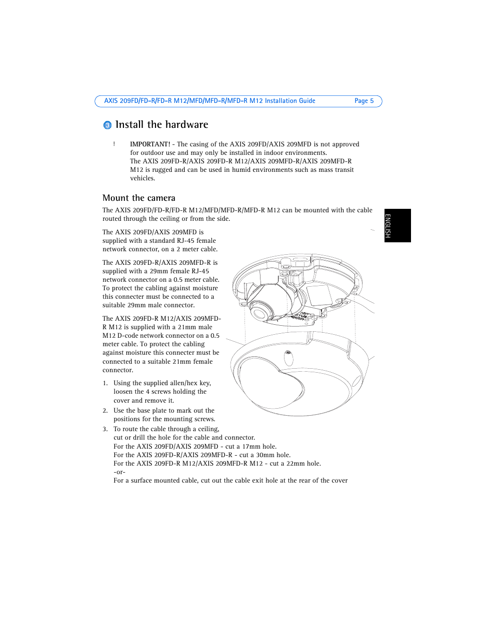 Install the hardware, Mount the camera | Axis Communications 209FD User Manual | Page 5 / 73