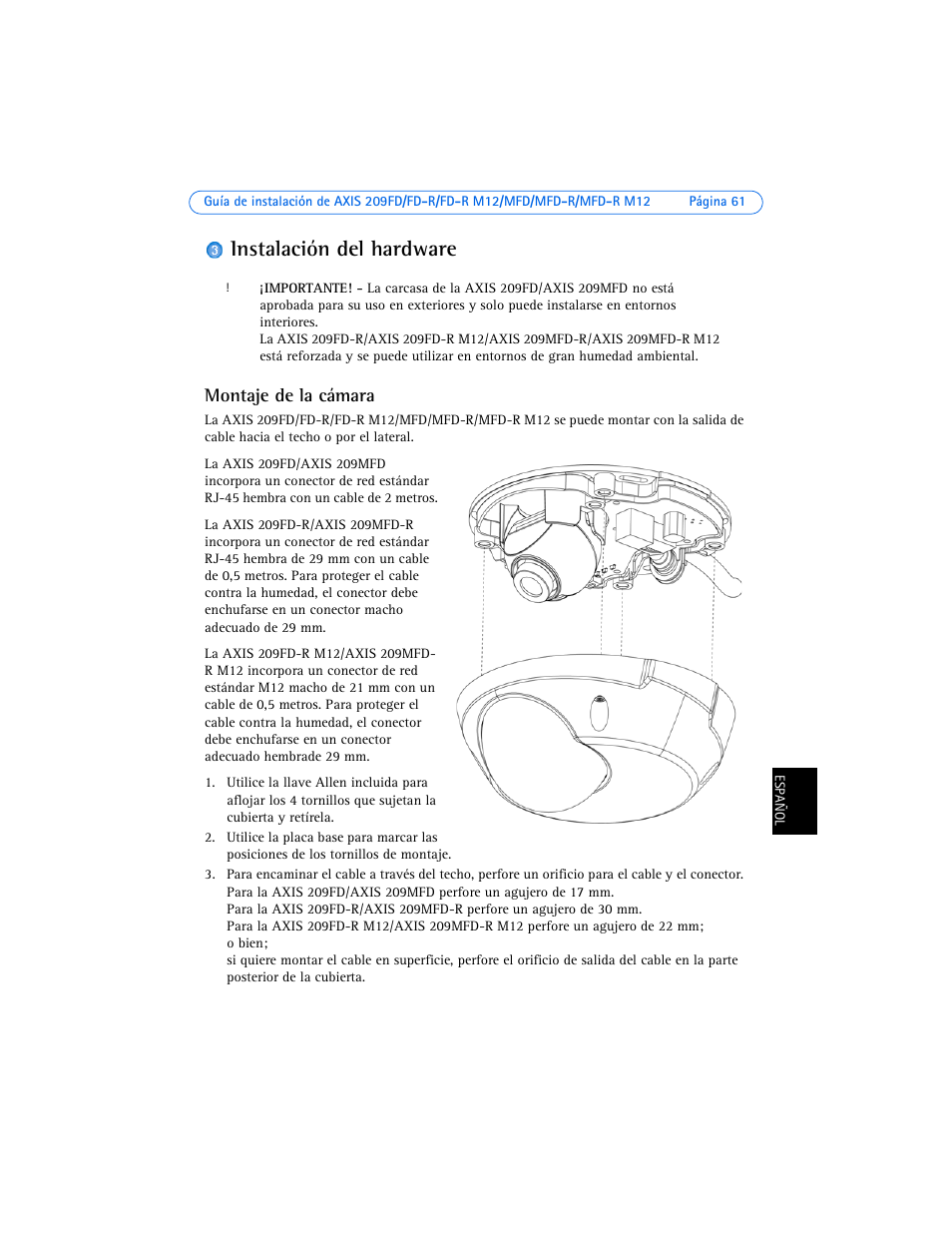 Instalación del hardware, Montaje de la cámara | Axis Communications 209FD User Manual | Page 61 / 73