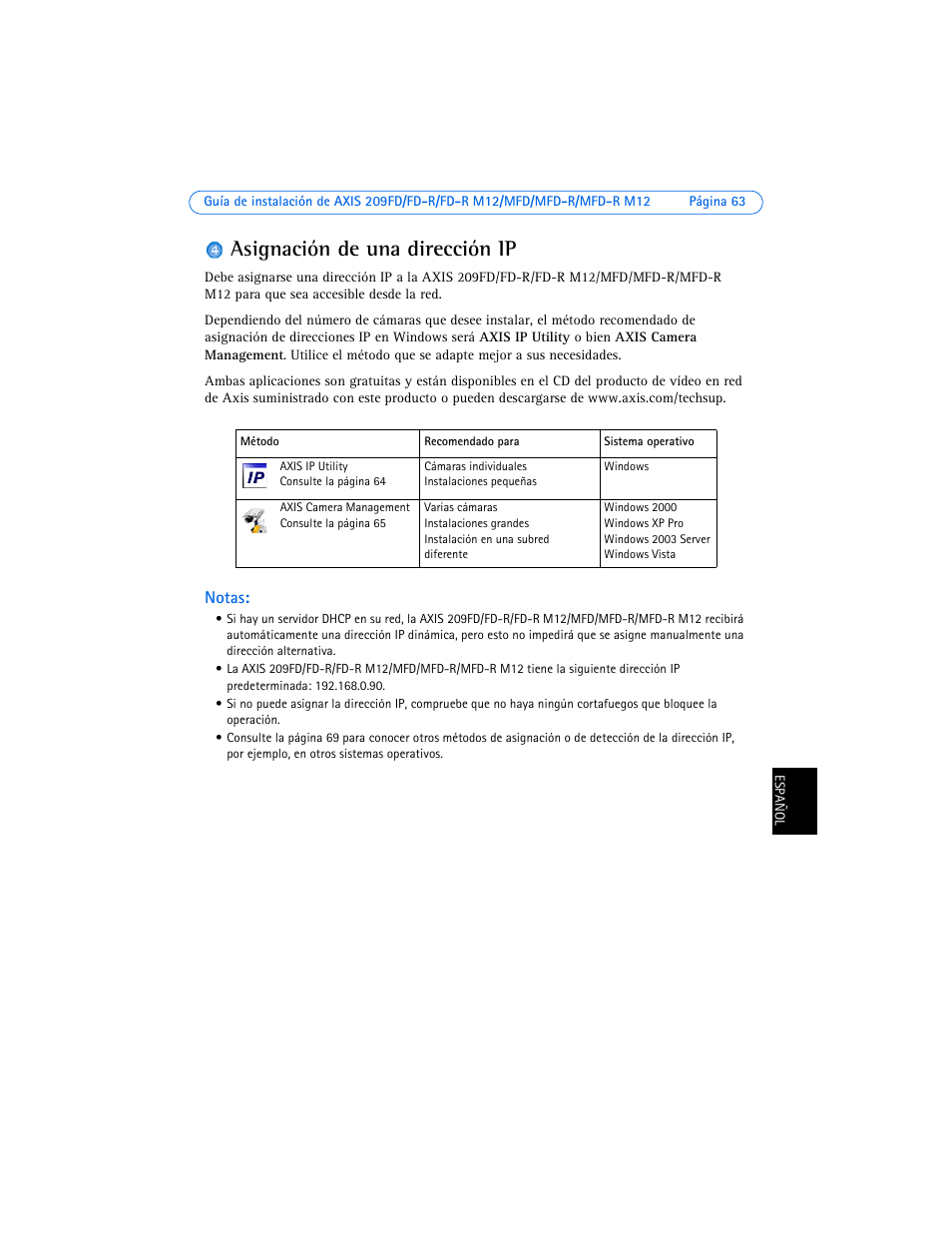 Asignación de una dirección ip, Notas | Axis Communications 209FD User Manual | Page 63 / 73