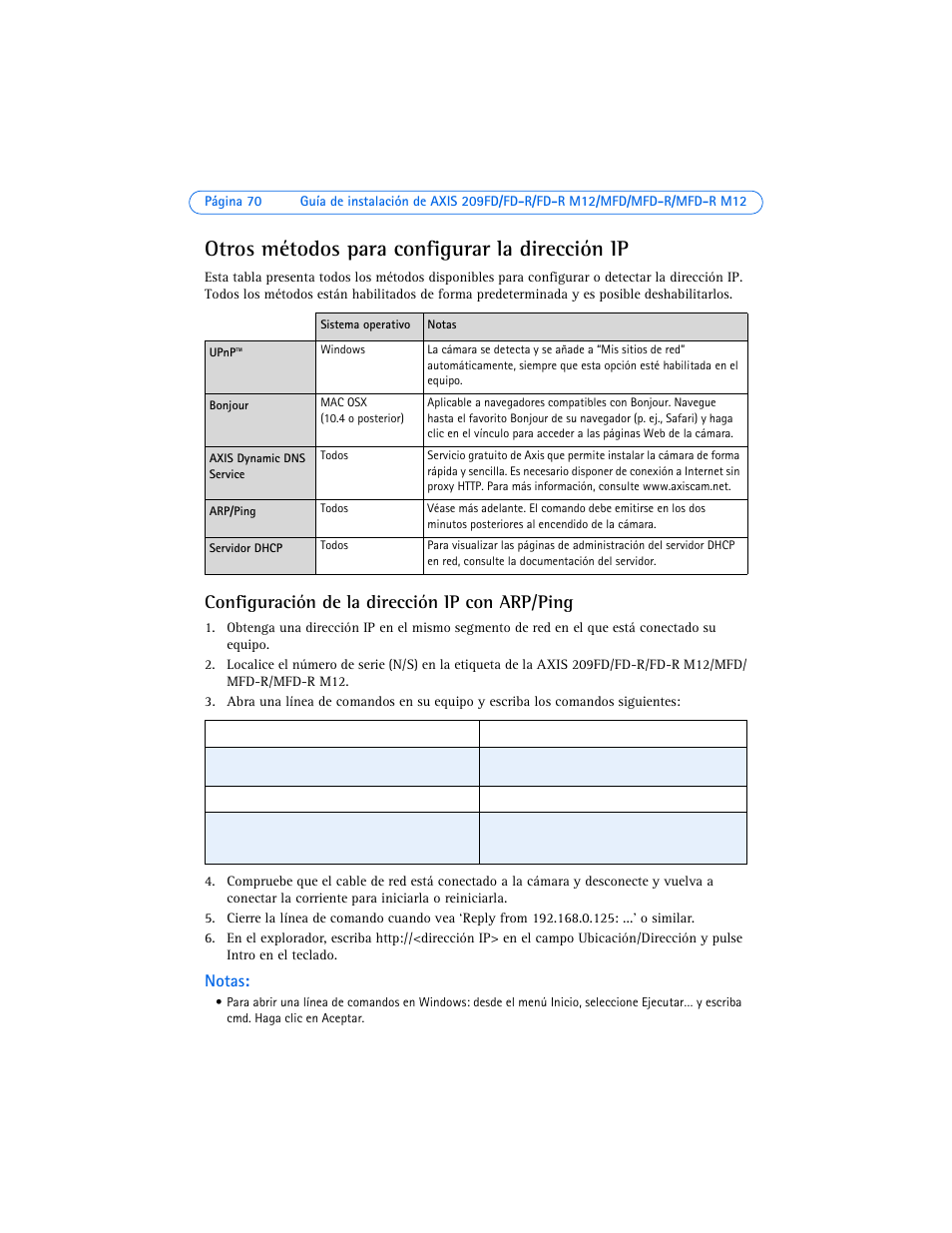 Otros métodos para configurar la dirección ip, Configuración de la dirección ip con arp/ping, Notas | Axis Communications 209FD User Manual | Page 70 / 73