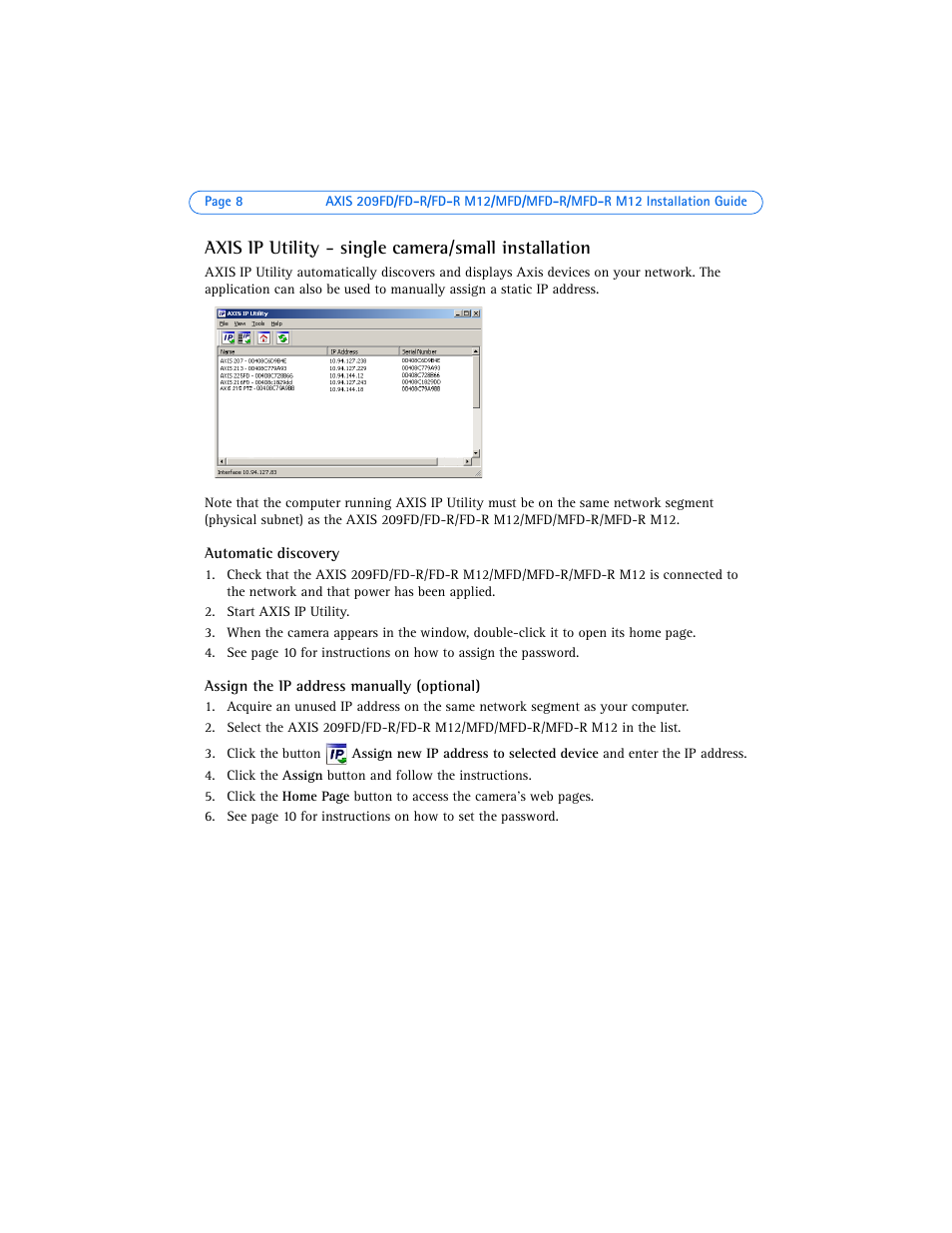 Axis ip utility - single camera/small installation | Axis Communications 209FD User Manual | Page 8 / 73