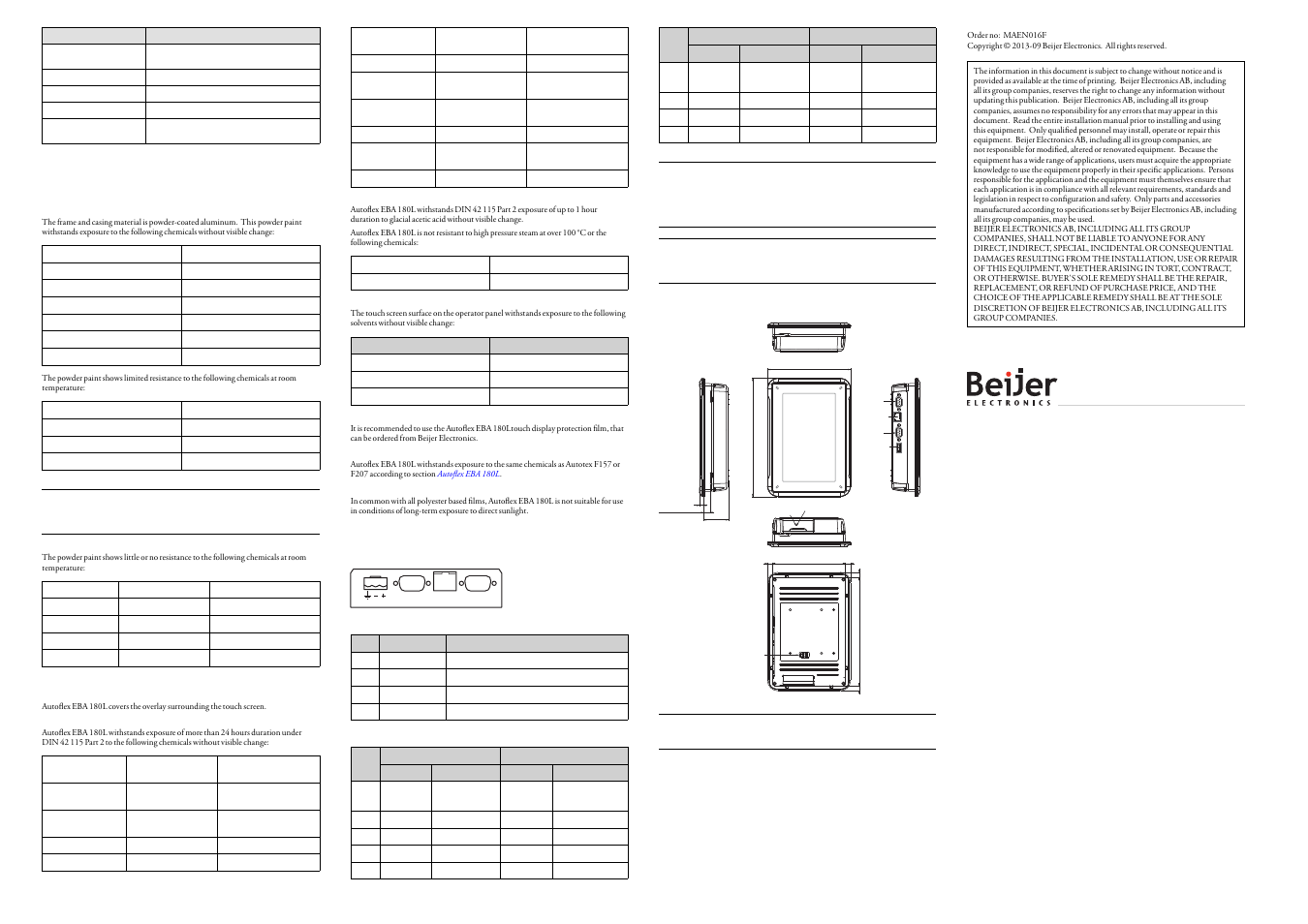 4chemical resistance, 1metal casing, 2touch screen and overlay | 1autoflex€eba 180l, Solvent resistance, 2touch screen surface, 3autoflex eba 180l, Outdoor use, 5operator panel drawings, 1connectors | Beijer Electronics iX T7A EN User Manual | Page 2 / 2