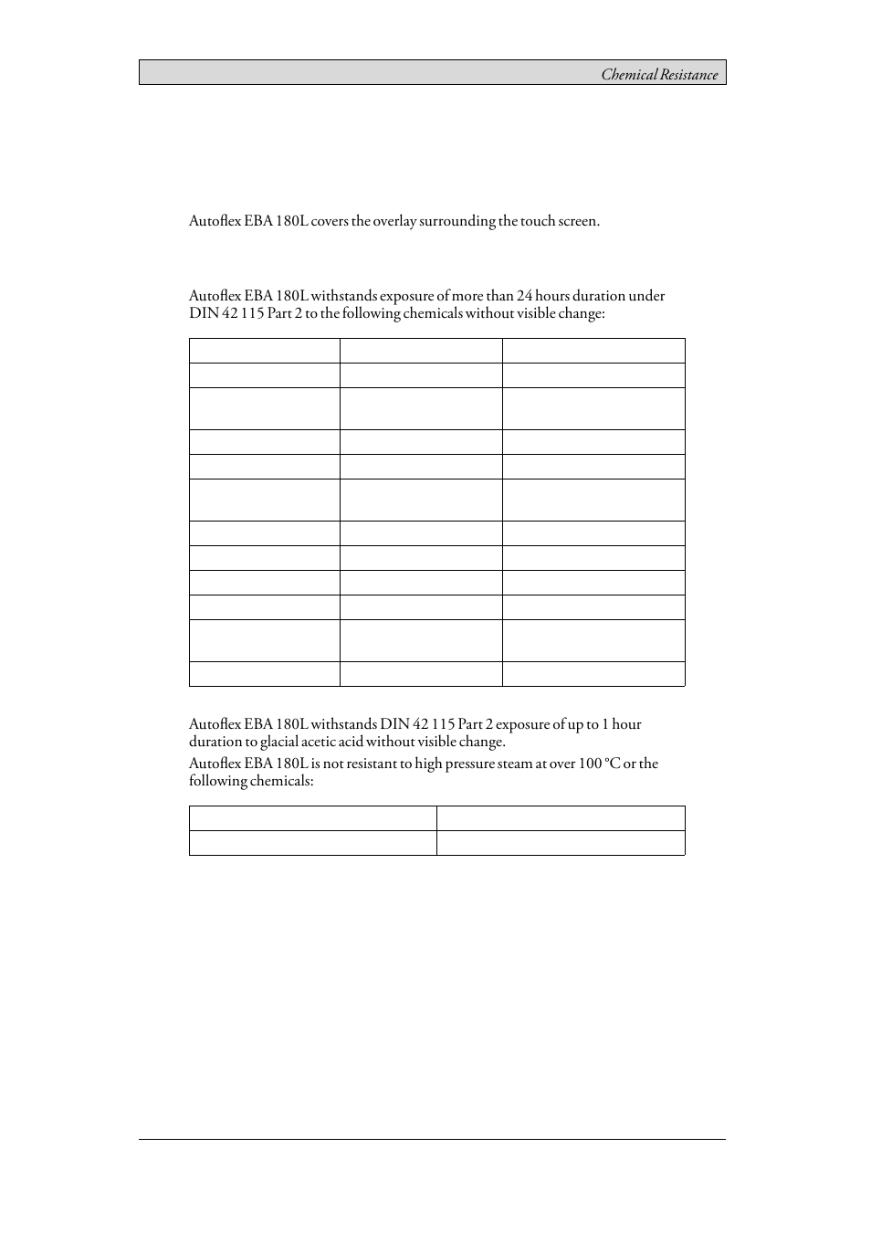 2 touch screen and overlay, 1 autoflex eba 180l, Touch screen and overlay | Autoﬂex eba 180l, Solvent resistance | Beijer Electronics iX T7AM EN User Manual | Page 14 / 25
