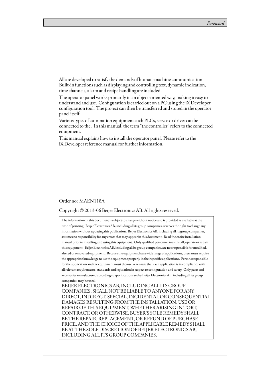 Foreword, Installation manual for ix t7am | Beijer Electronics iX T7AM EN User Manual | Page 2 / 25