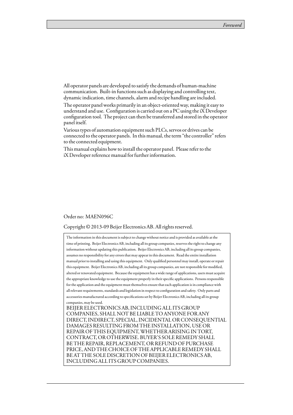 Foreword, Installation manual for ix t12b | Beijer Electronics iX T12B EN User Manual | Page 2 / 26
