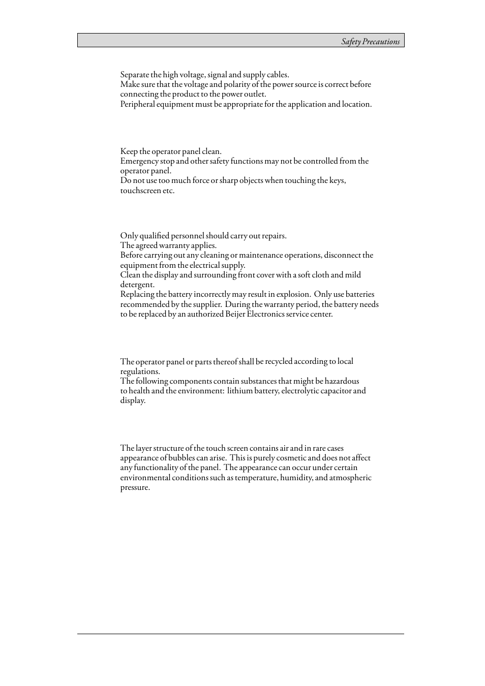 4 during use, 5 service and maintenance, 6 dismantling and scrapping | 7 appearance of air in touch screen, During use, Service and maintenance, Dismantling and scrapping, Appearance of air in touch screen | Beijer Electronics iX T12B EN User Manual | Page 6 / 26