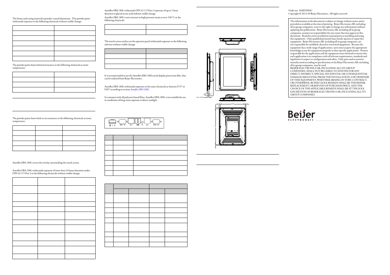 4chemical resistance, 1metal casing, 2touch screen and overlay | 1autoflex€eba 180l, Solvent resistance, 2touch screen surface, 3autoflex eba 180l, Outdoor use, 5operator panel drawings, 1connectors | Beijer Electronics iX T12B EN User Manual | Page 2 / 2