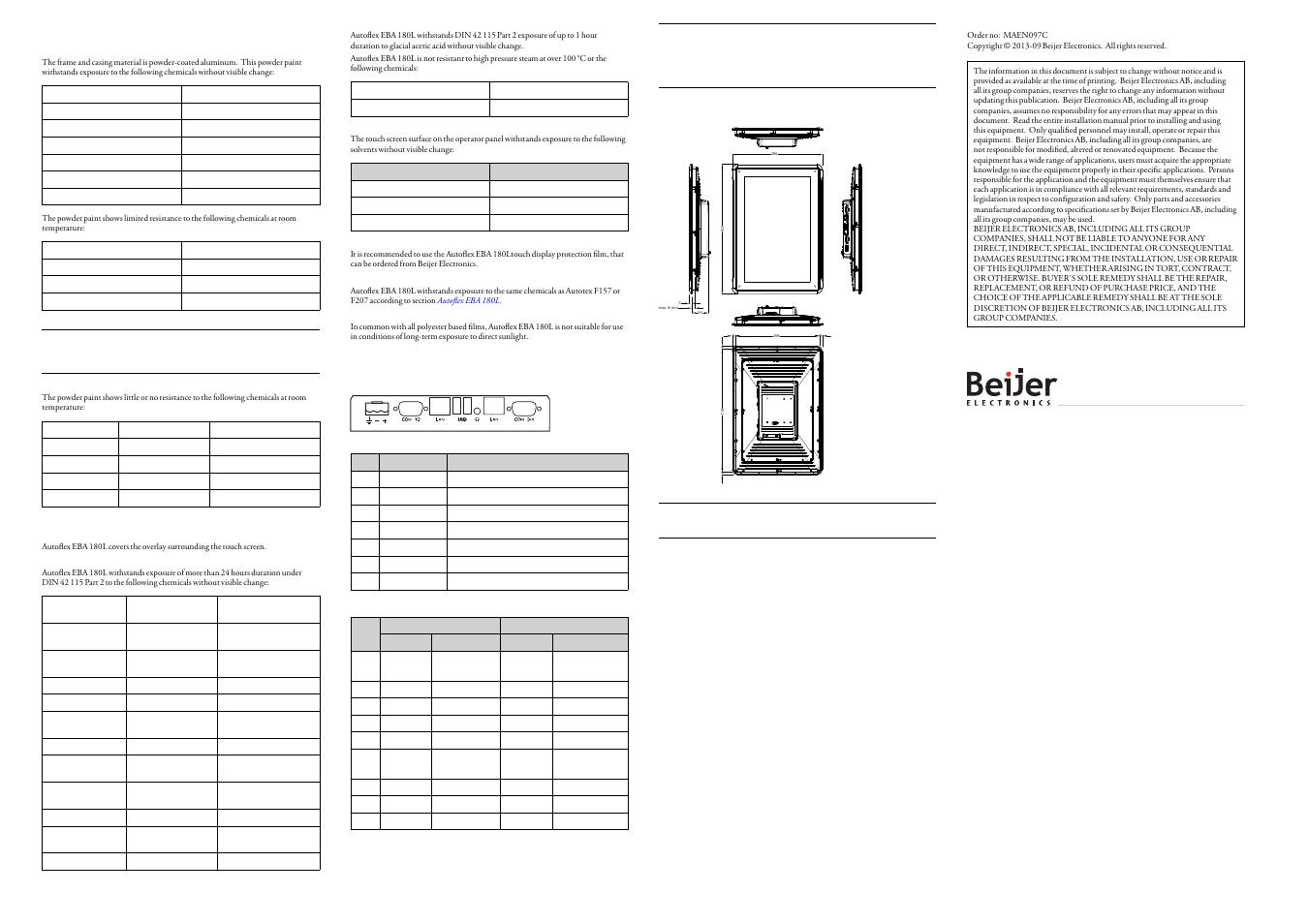 4chemical resistance, 1metal casing, 2touch screen and overlay | 1autoflex€eba 180l, Solvent resistance, 2touch screen surface, 3autoflex eba 180l, Outdoor use, 5operator panel drawings, 1connectors | Beijer Electronics iX T15B EN User Manual | Page 2 / 2