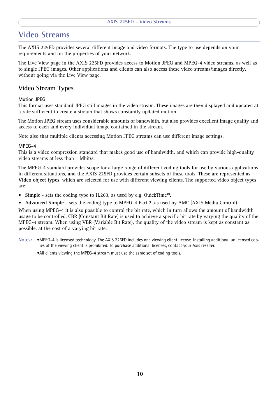 Video streams, Video stream types | Axis Communications AXIS 225FD User Manual | Page 10 / 49