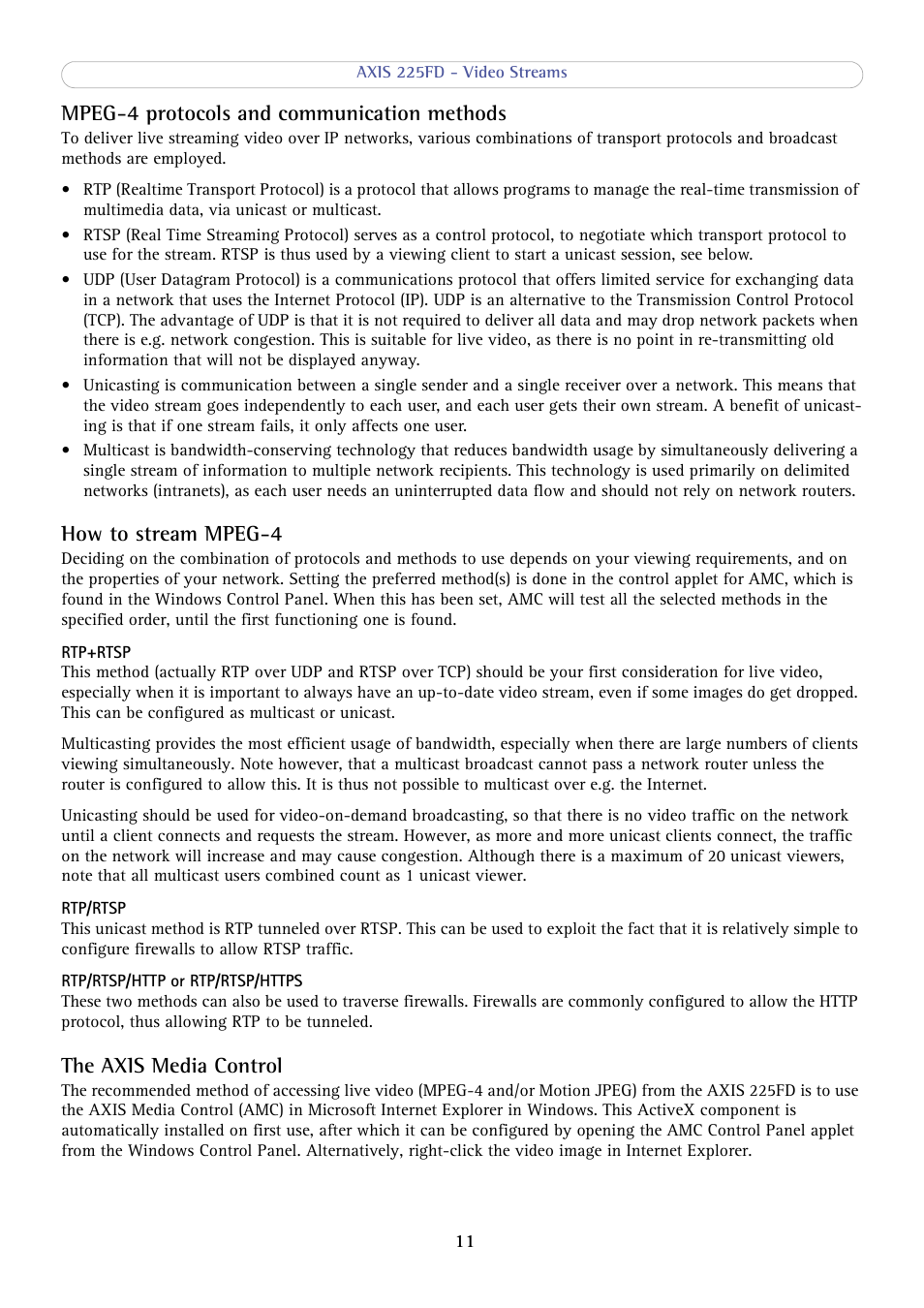 Mpeg-4 protocols and communication methods, How to stream mpeg-4, The axis media control | Axis Communications AXIS 225FD User Manual | Page 11 / 49