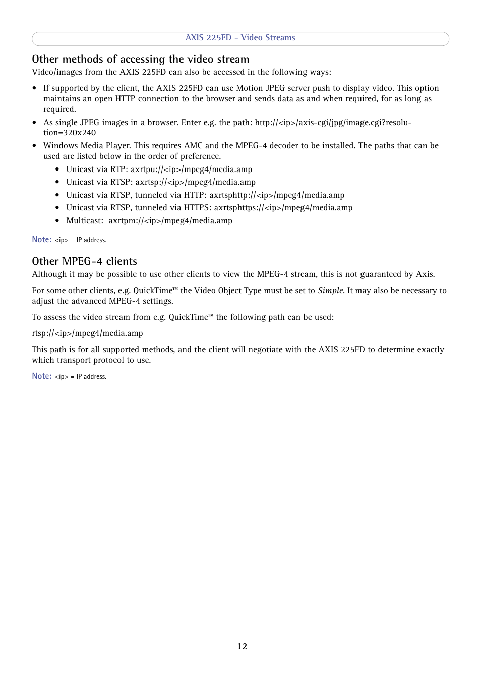 Other methods of accessing the video stream, Other mpeg-4 clients | Axis Communications AXIS 225FD User Manual | Page 12 / 49