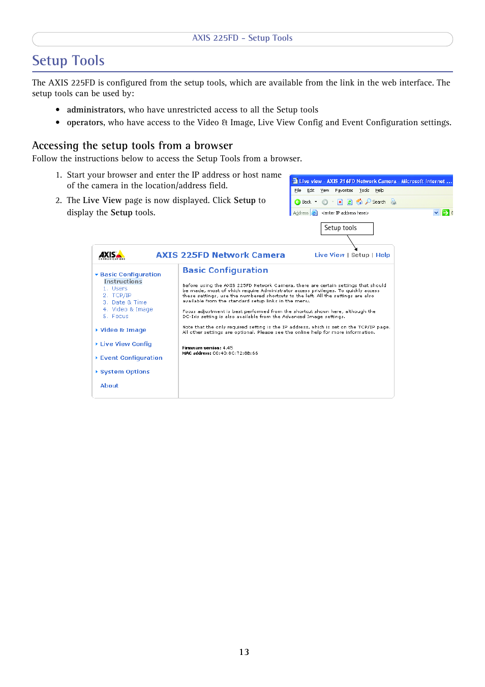 Setup tools, Accessing the setup tools from a browser | Axis Communications AXIS 225FD User Manual | Page 13 / 49