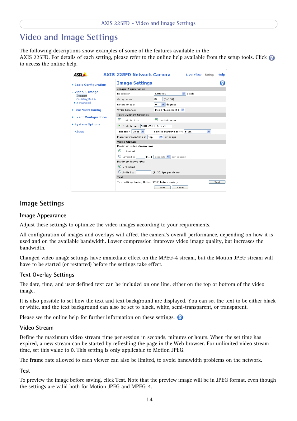 Video and image settings, Image settings | Axis Communications AXIS 225FD User Manual | Page 14 / 49