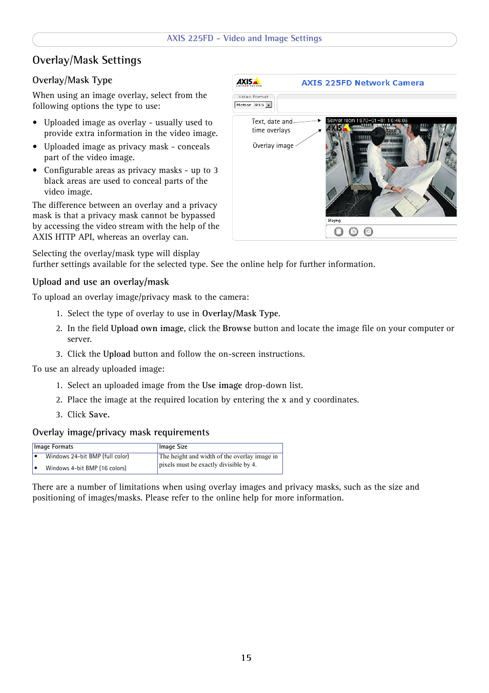 Overlay/mask settings, Overlay / mask settings | Axis Communications AXIS 225FD User Manual | Page 15 / 49