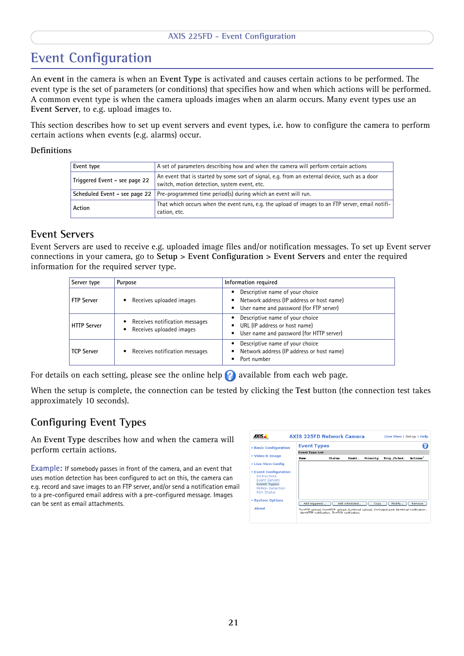 Event configuration, Event servers, Configuring event types | Axis Communications AXIS 225FD User Manual | Page 21 / 49