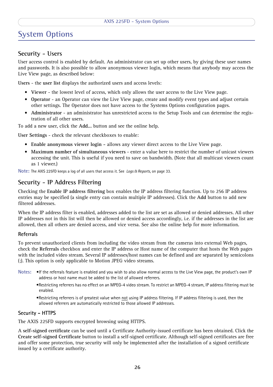 System options, Security - users, Security - ip address filtering | Axis Communications AXIS 225FD User Manual | Page 26 / 49