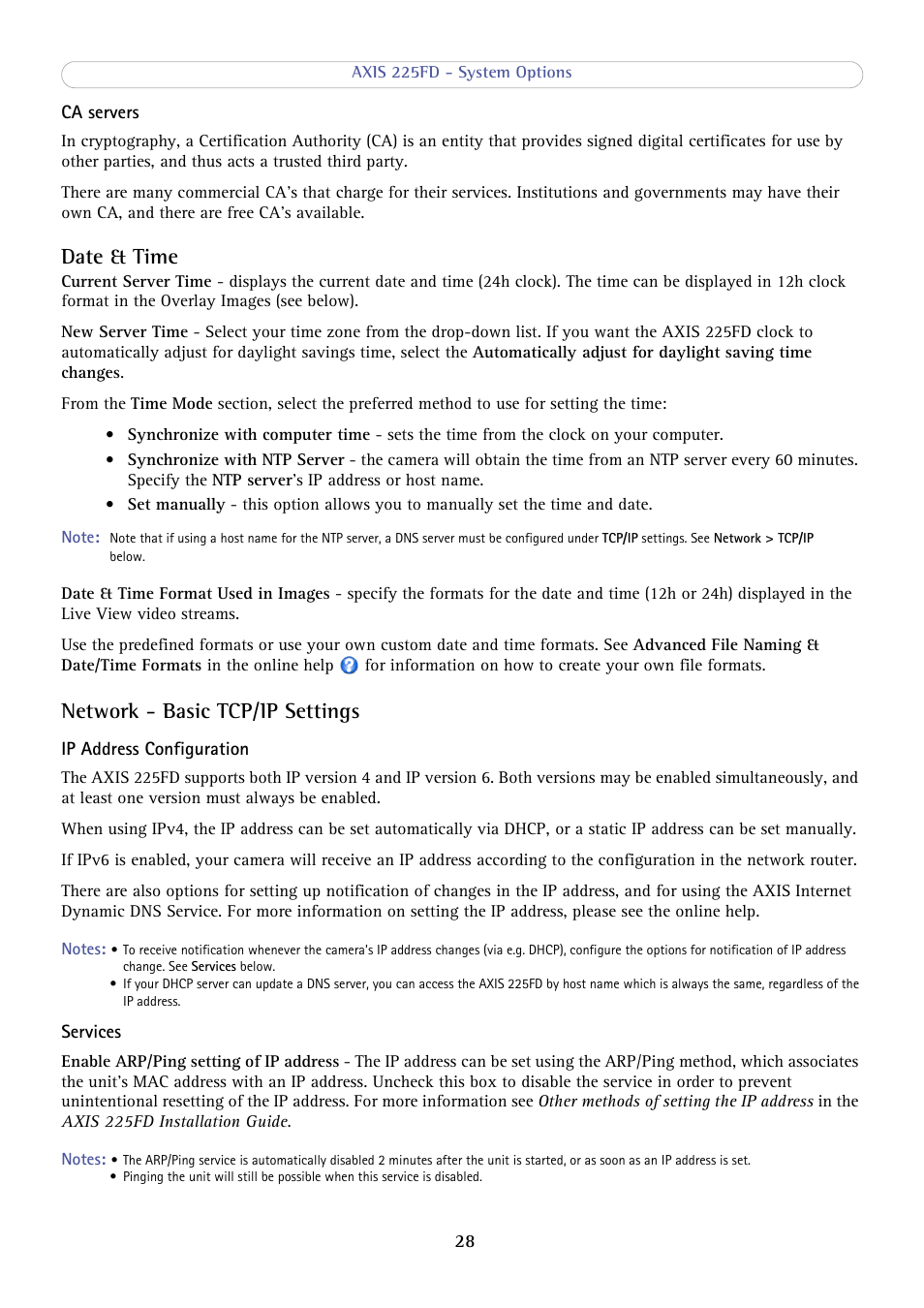 Date & time, Network - basic tcp/ip settings | Axis Communications AXIS 225FD User Manual | Page 28 / 49